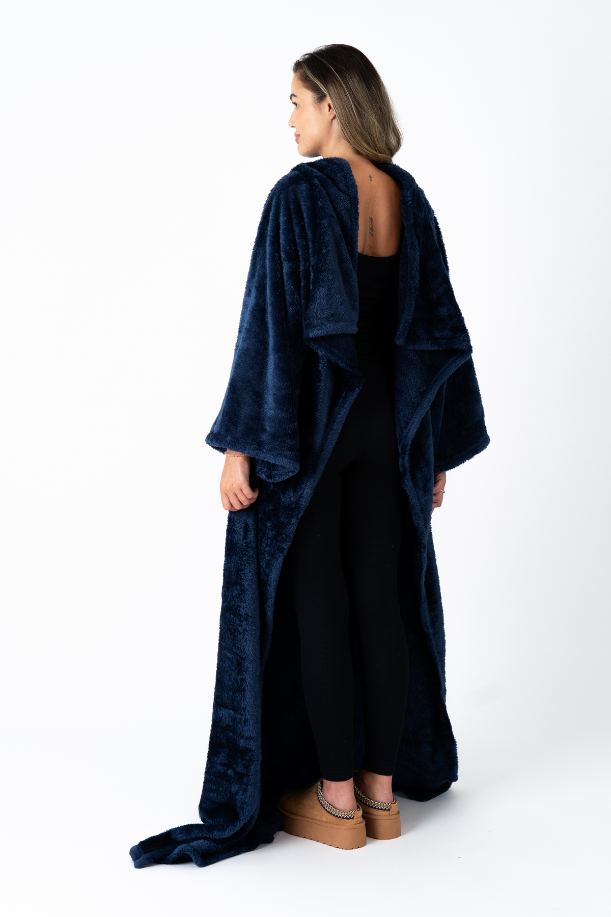 Navy Blanket with Sleeves and a Sherpa Lining