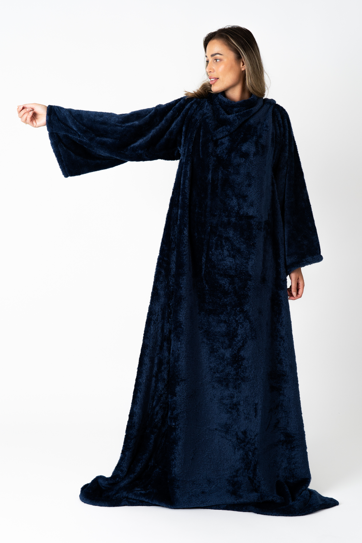 Navy Blanket with Sleeves and a Sherpa Lining