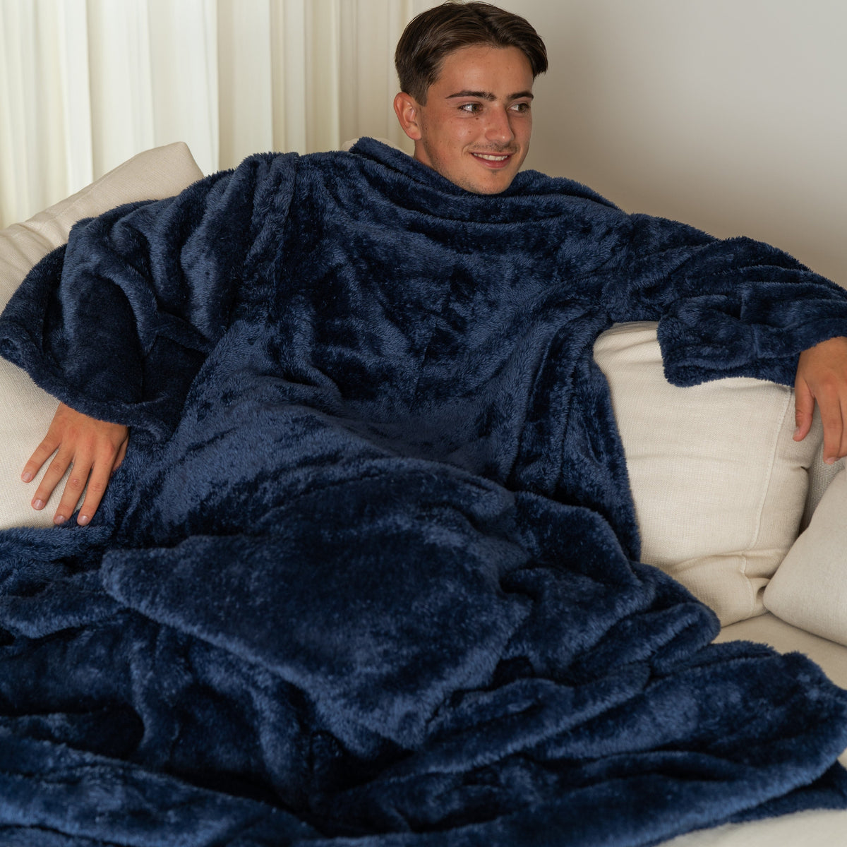 Navy Blanket with Sleeves and a Sherpa Lining