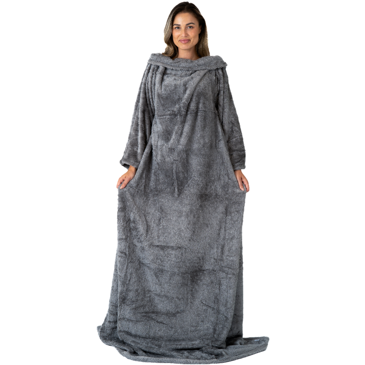 Dark Grey Blanket with Sleeves and a Sherpa Lining
