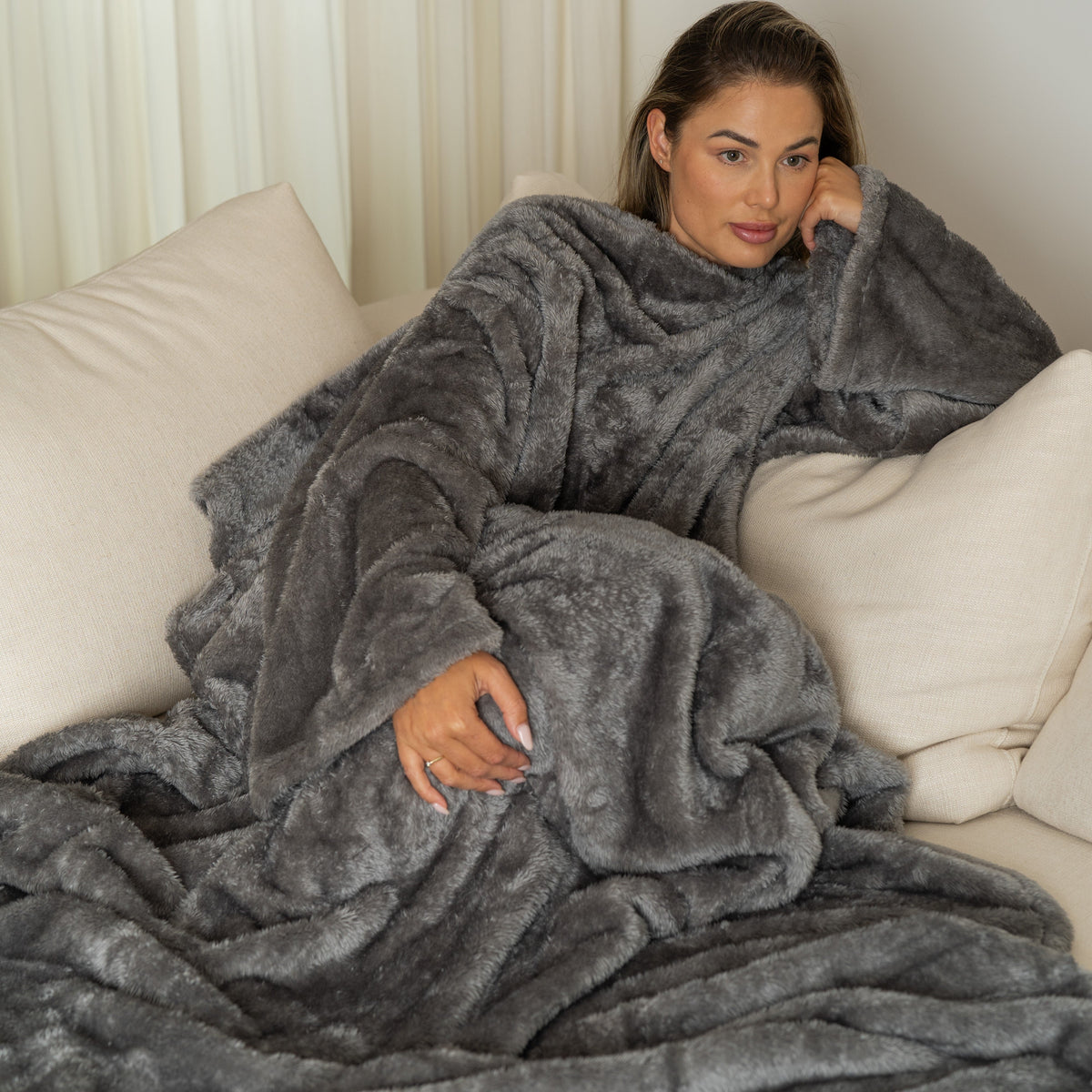 Dark Grey Blanket with Sleeves and a Sherpa Lining