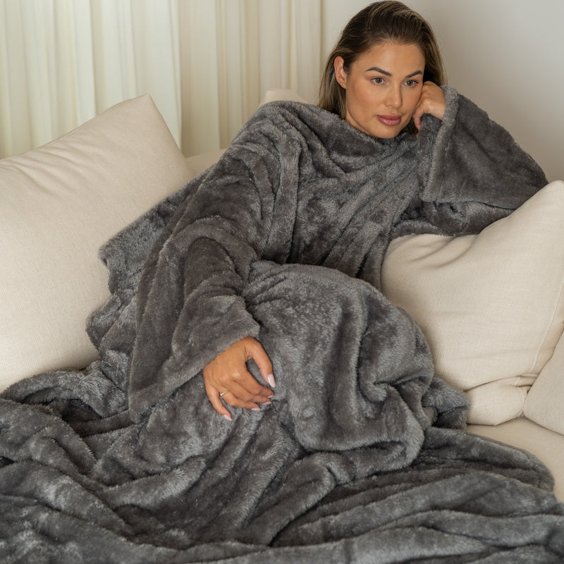 Dark Grey Blanket with Sleeves and a Sherpa Lining