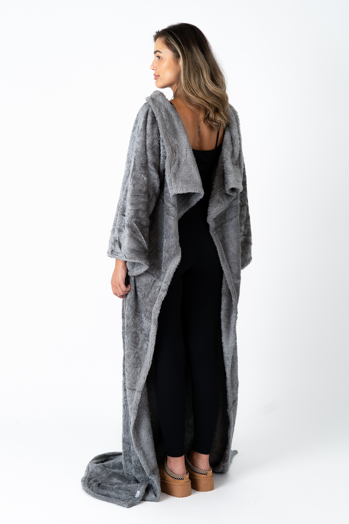 Dark Grey Blanket with Sleeves and a Sherpa Lining