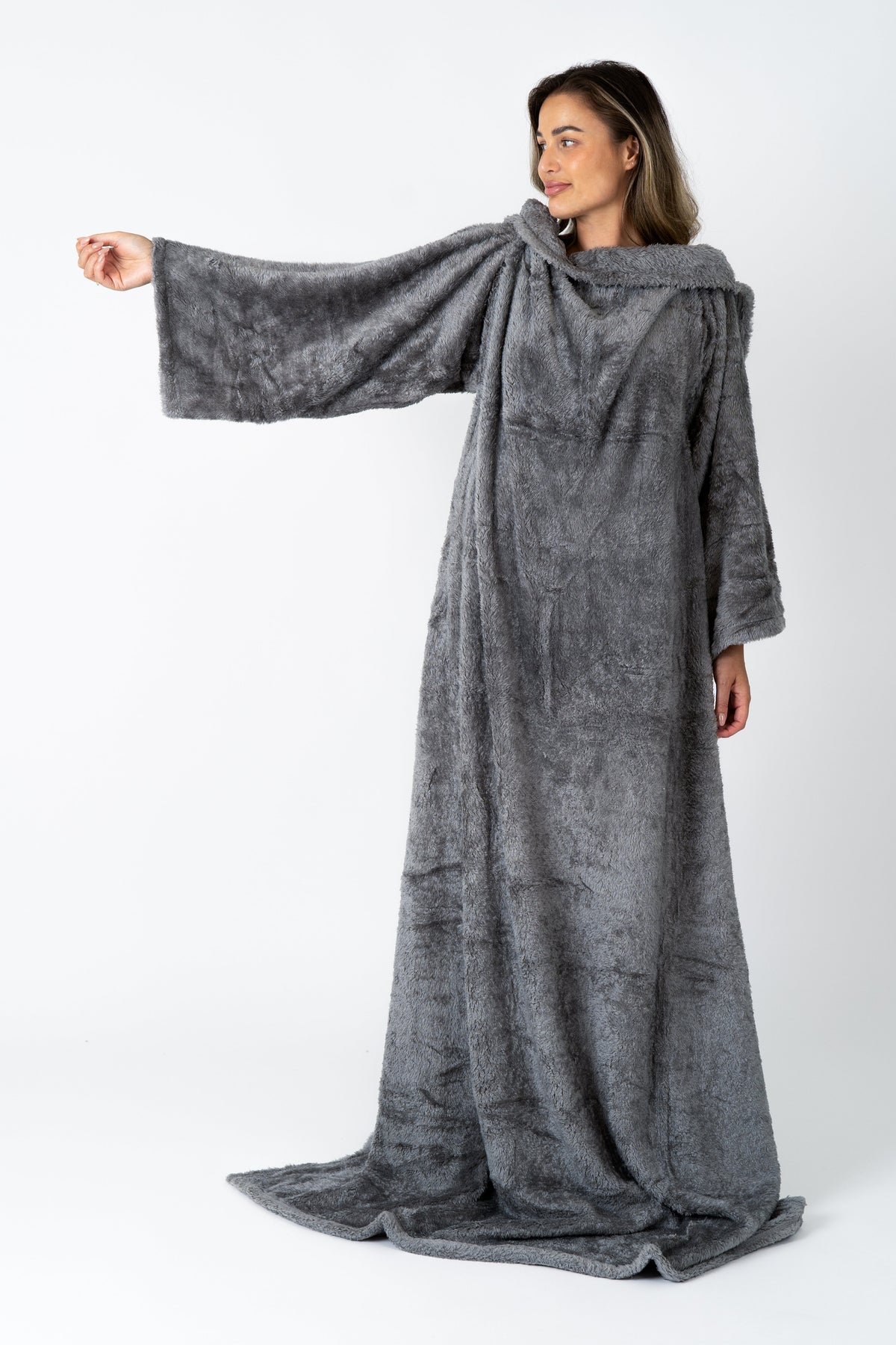 Dark Grey Blanket with Sleeves and a Sherpa Lining