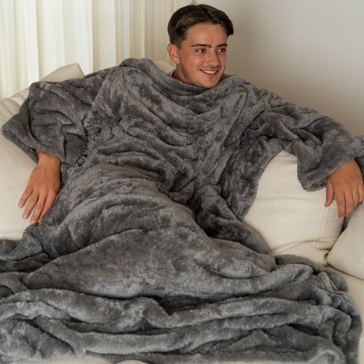 Dark Grey Blanket with Sleeves and a Sherpa Lining