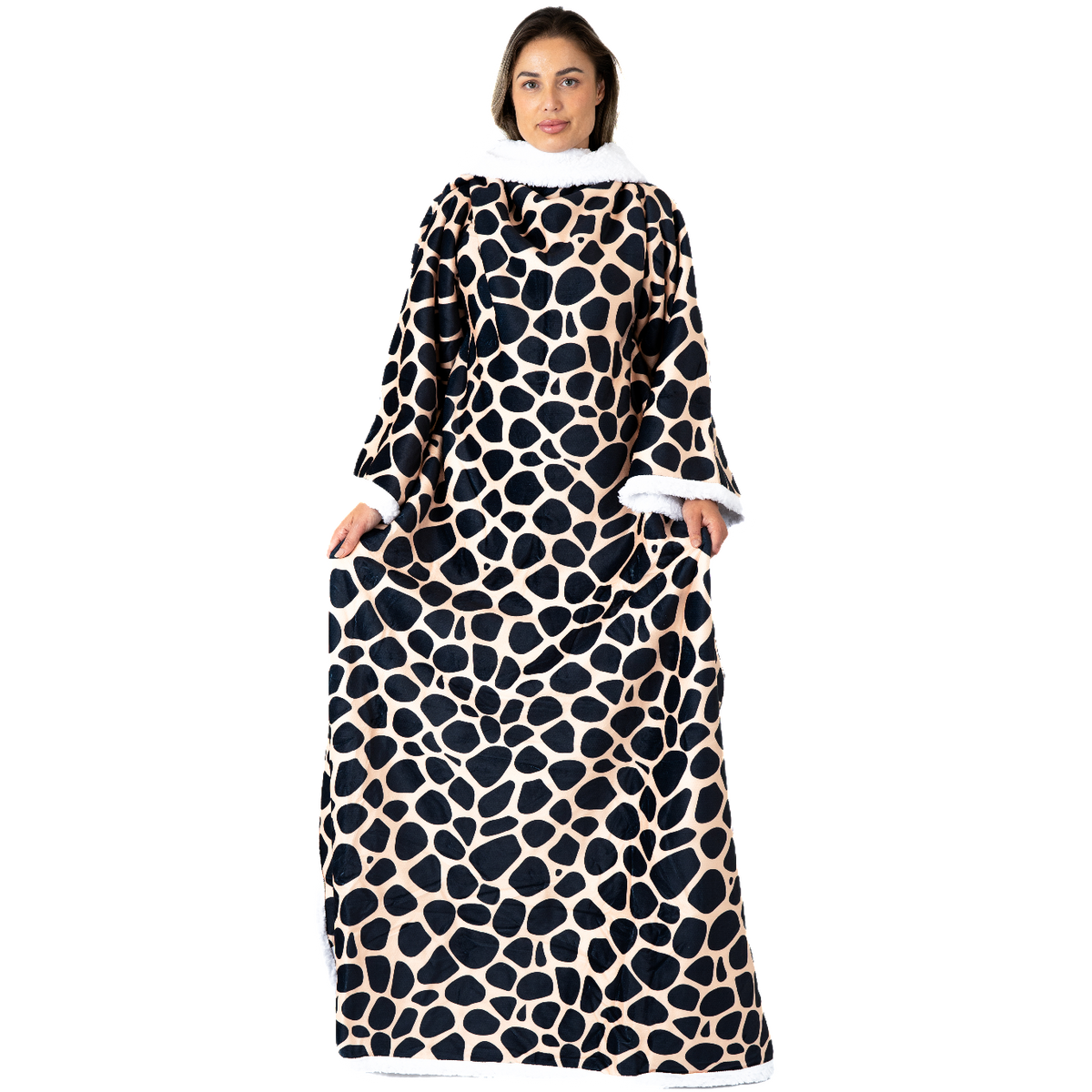 Giraffe Print Blanket with Sleeves and a Sherpa Lining