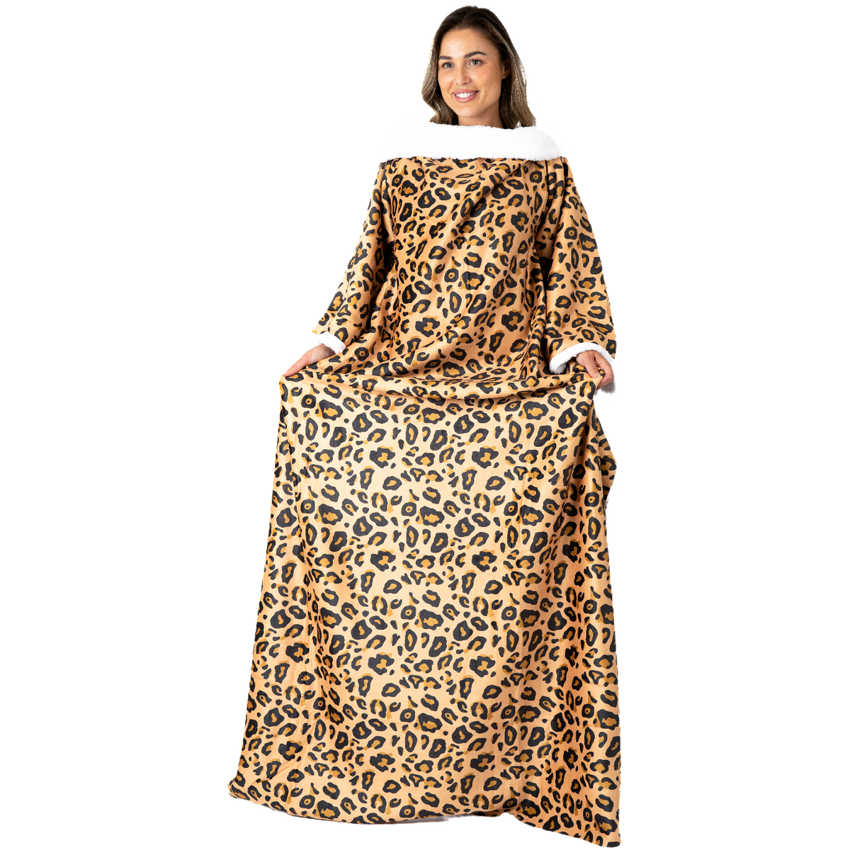 Leopard Print Blanket with Sleeves and a Sherpa Lining