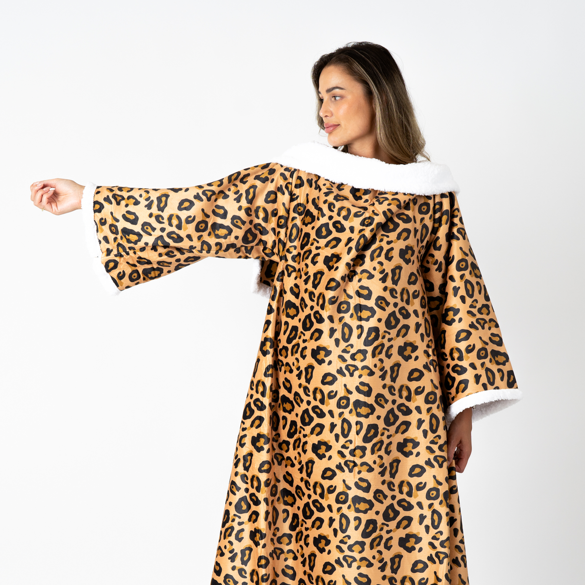 Leopard Print Blanket with Sleeves and a Sherpa Lining