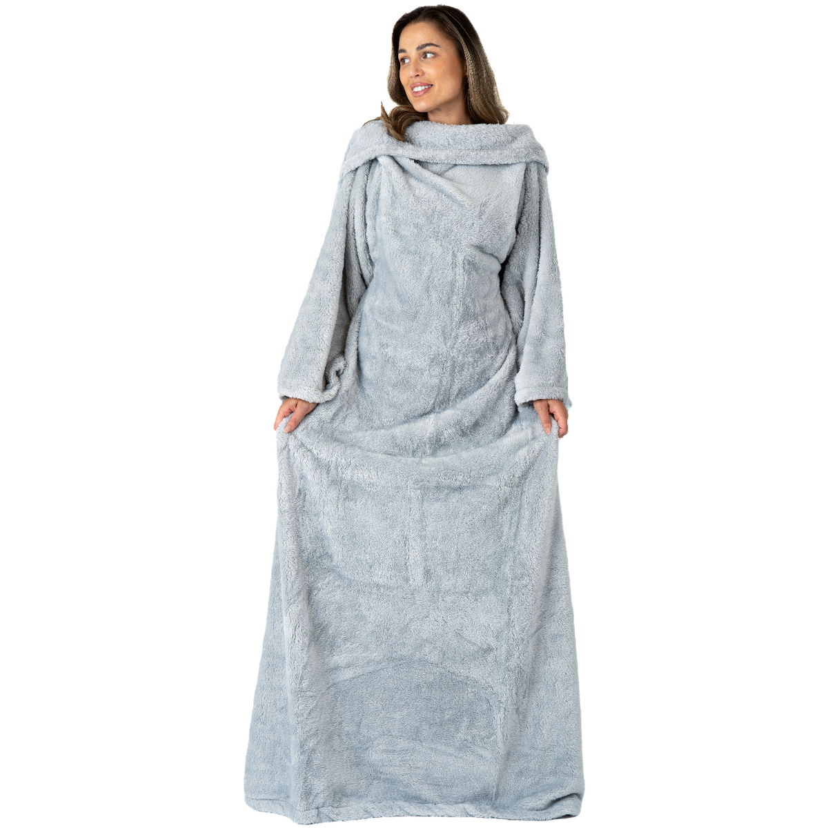 Light Grey Blanket with Sleeves and a Sherpa Lining