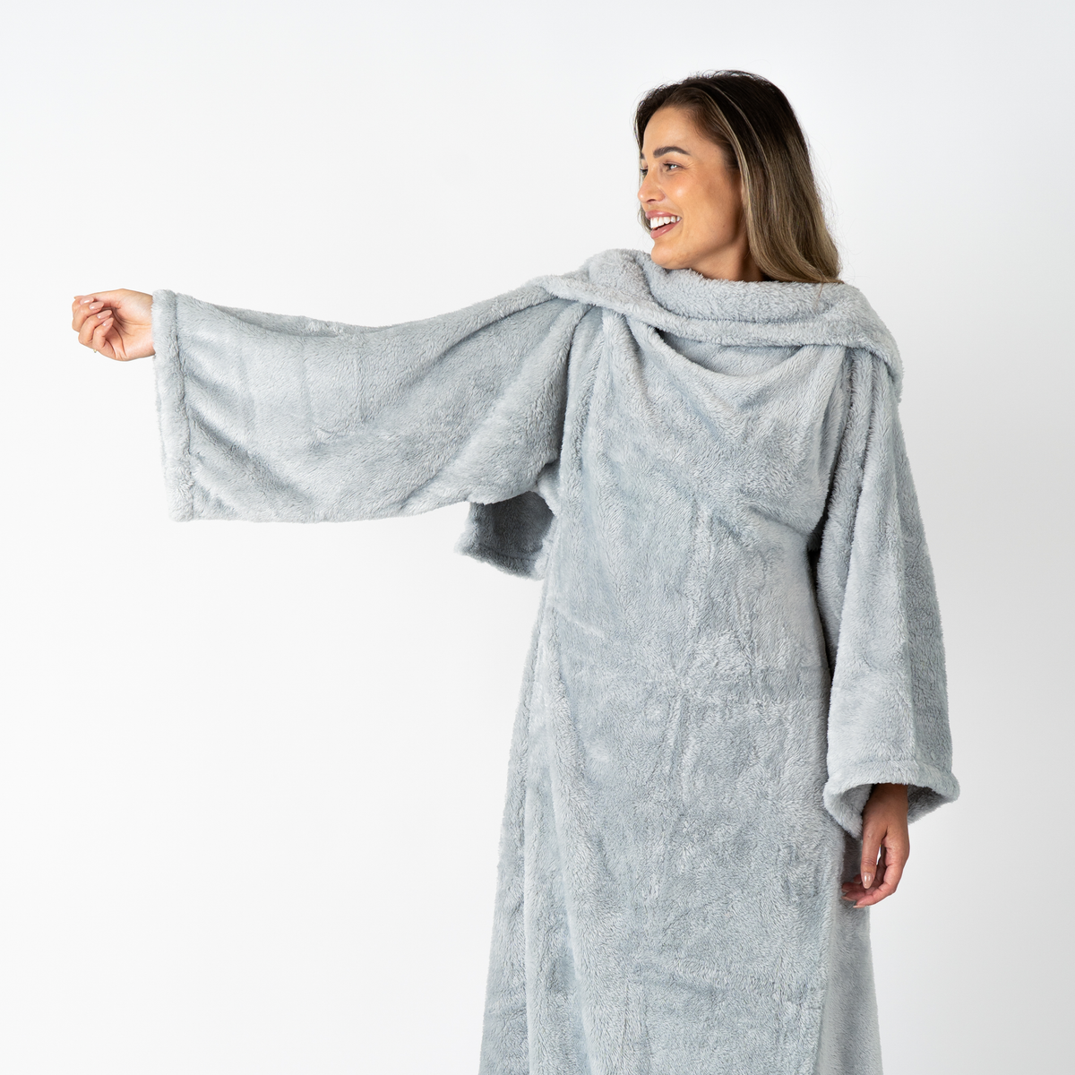 Light Grey Blanket with Sleeves and a Sherpa Lining