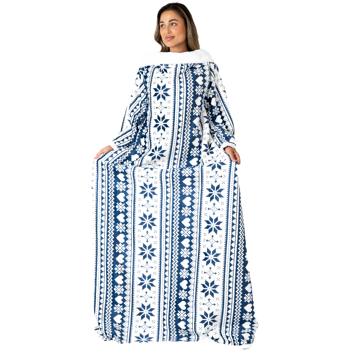 White and Blue Nordic Blanket with Sleeves and Sherpa