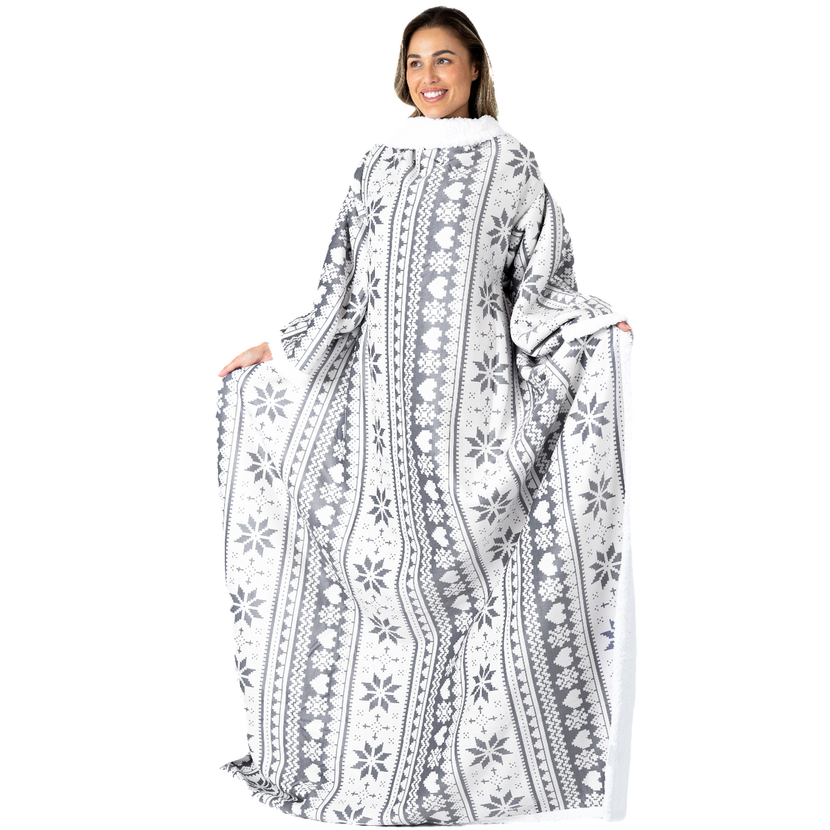 White and Grey Nordic Blanket with Sleeves and Sherpa