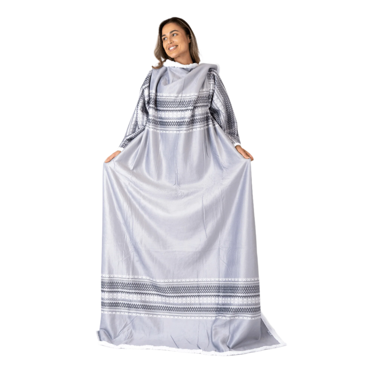 Grey Striped Blanket with Sleeves and a Sherpa Lining