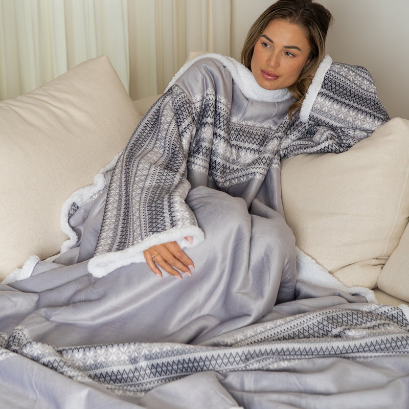 Grey Striped Blanket with Sleeves and a Sherpa Lining