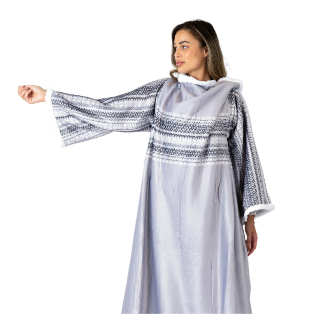 Grey Striped Blanket with Sleeves and a Sherpa Lining