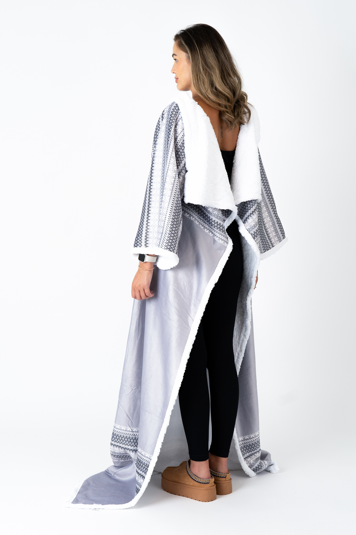 Grey Striped Blanket with Sleeves and a Sherpa Lining