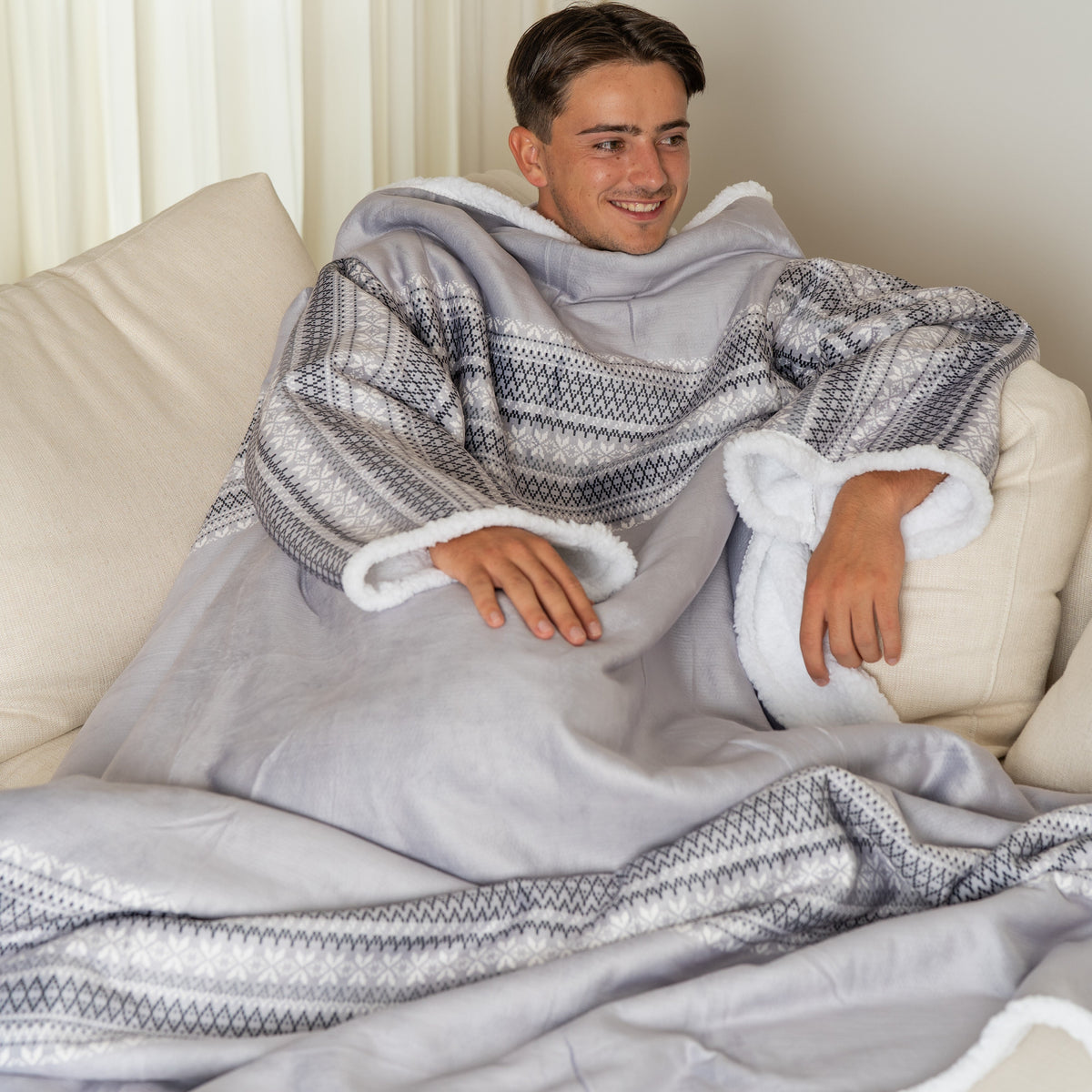 Grey Striped Blanket with Sleeves and a Sherpa Lining