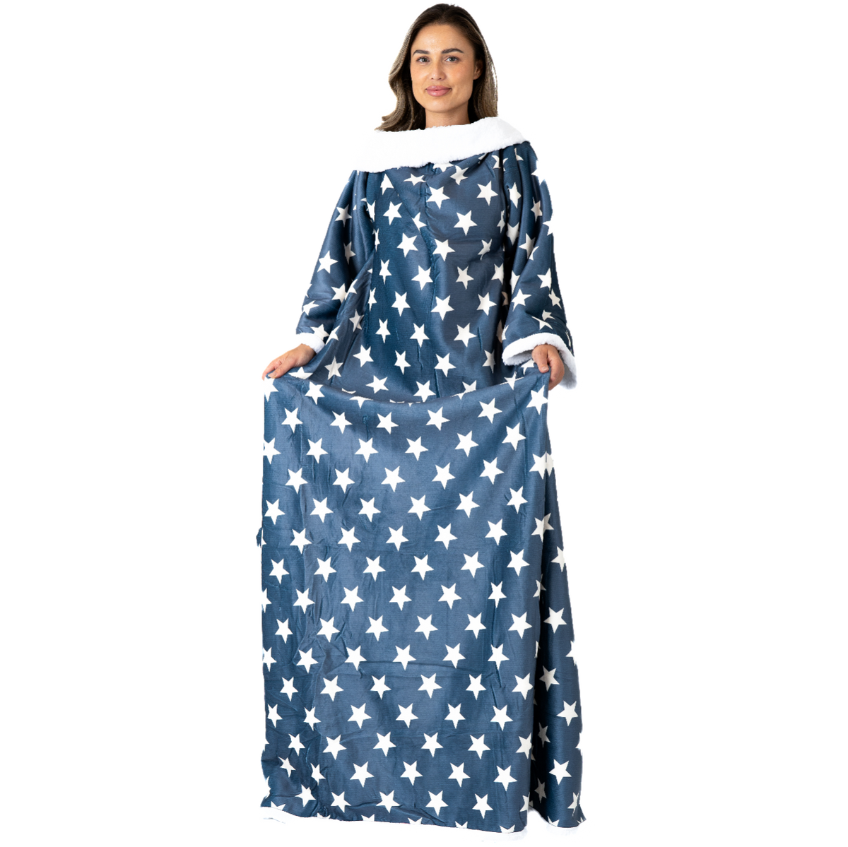 Slate Blue Star Print Blanket with Sleeves and Sherpa
