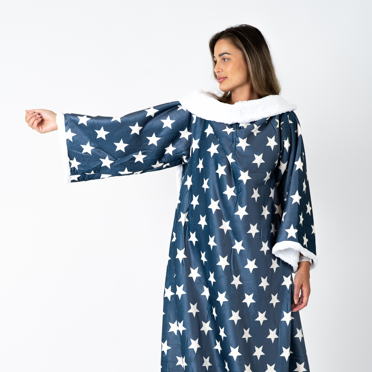 Slate Blue Star Print Blanket with Sleeves and Sherpa