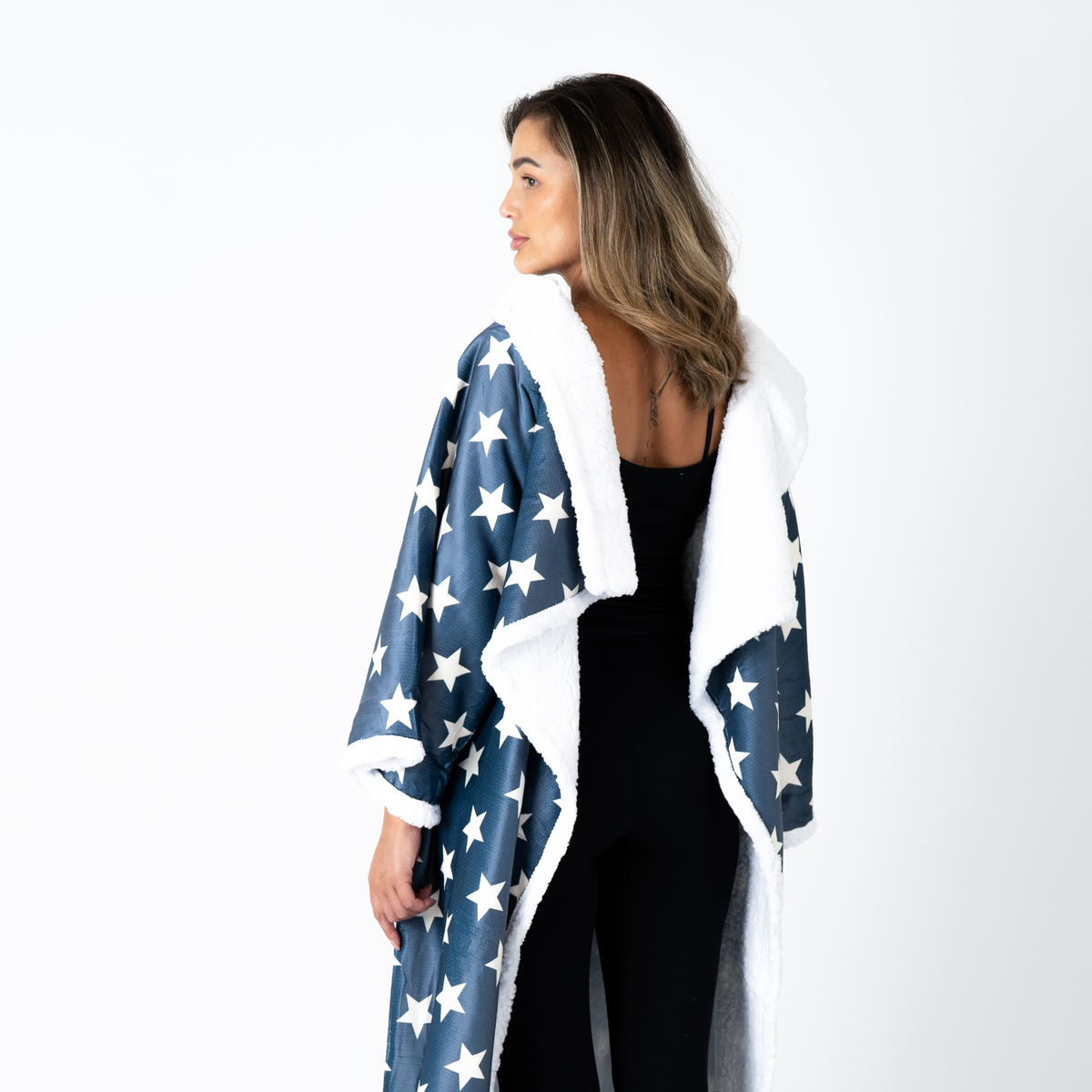 Slate Blue Star Print Blanket with Sleeves and Sherpa