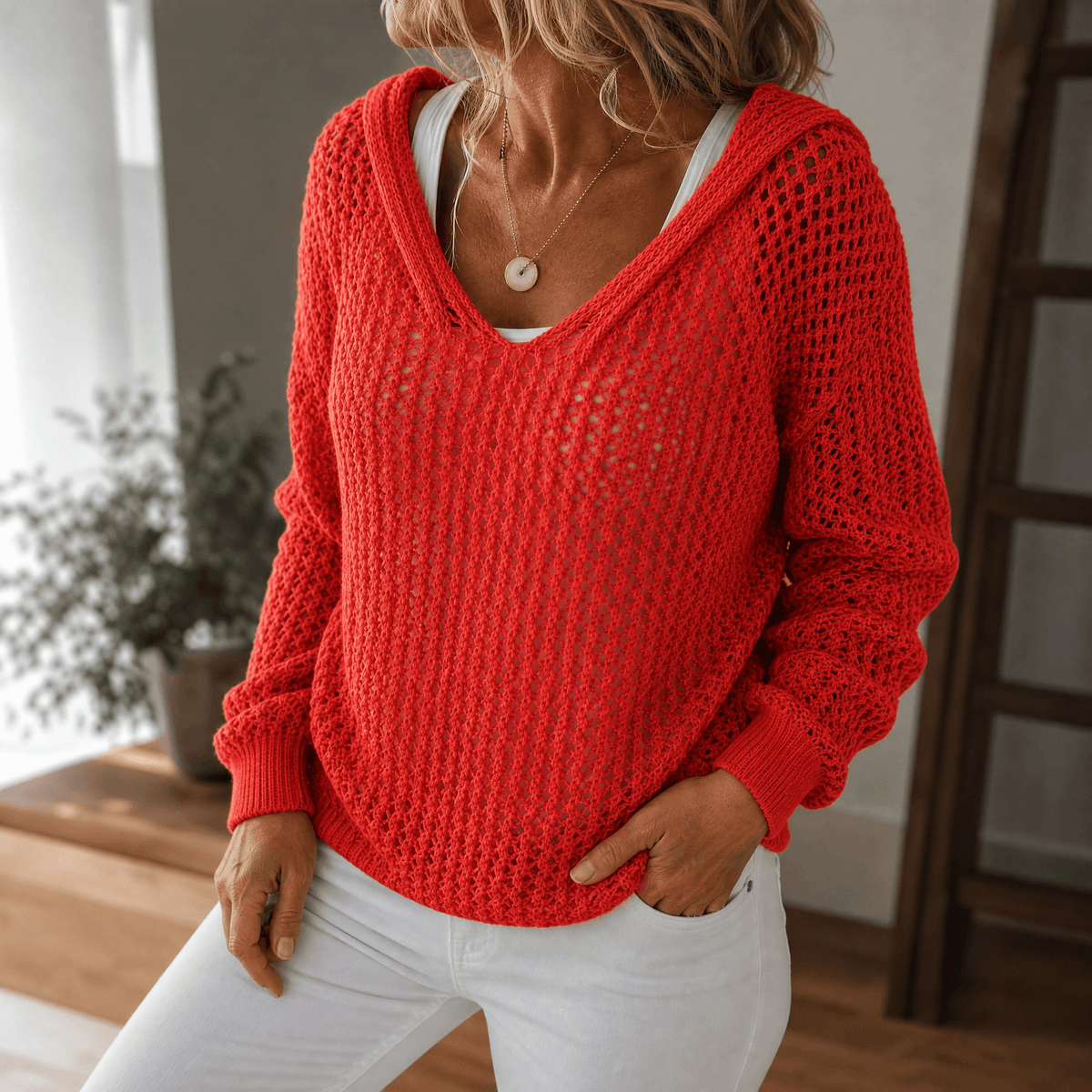 Women's open knit hooded jumper in Coral Red