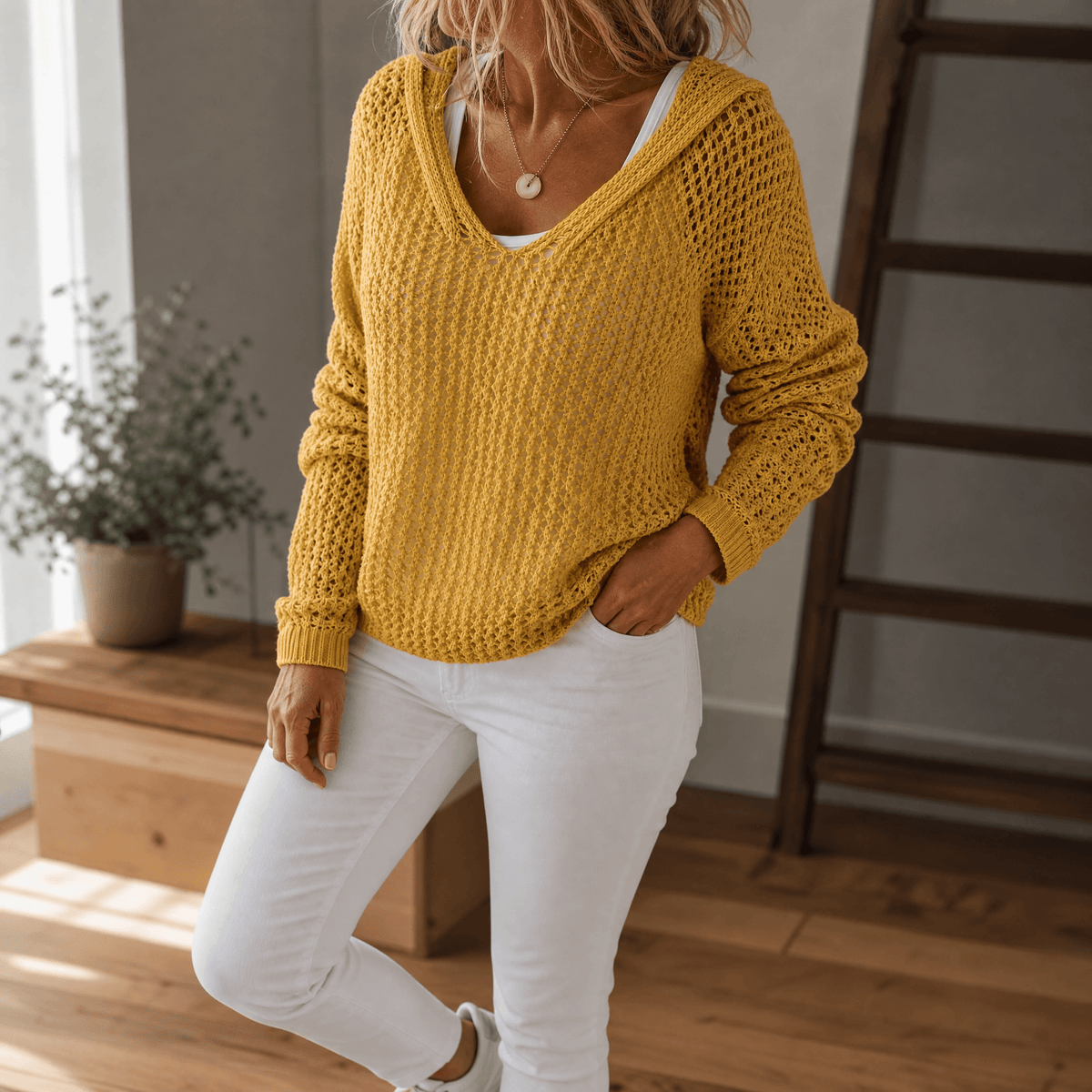 Women's open knit hooded jumper in Mustard