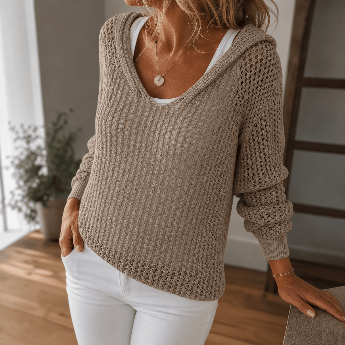 Women's open knit hooded jumper in Taupe Brown