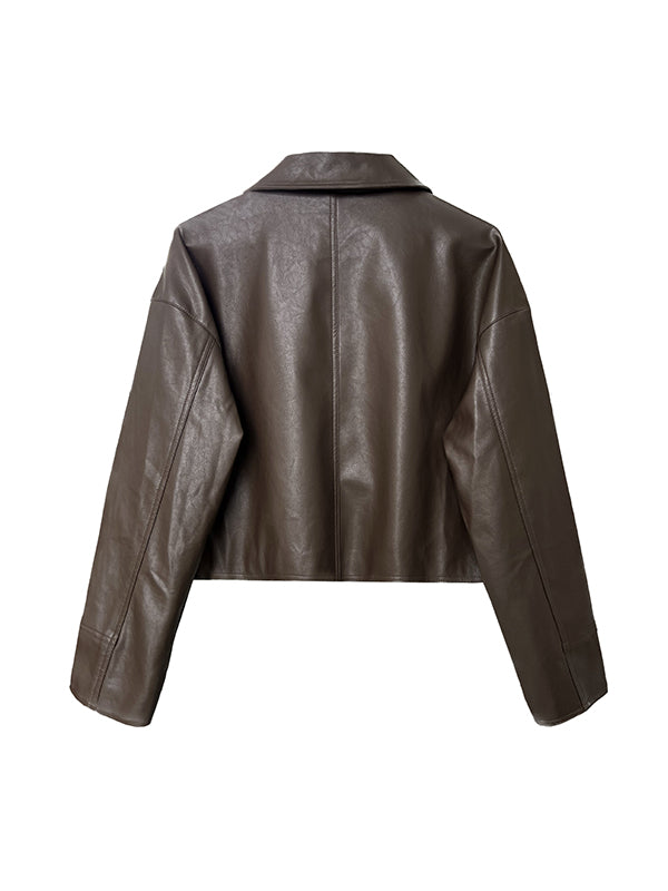 Boxy faux leather jacket with a wide shirt collar and zip front