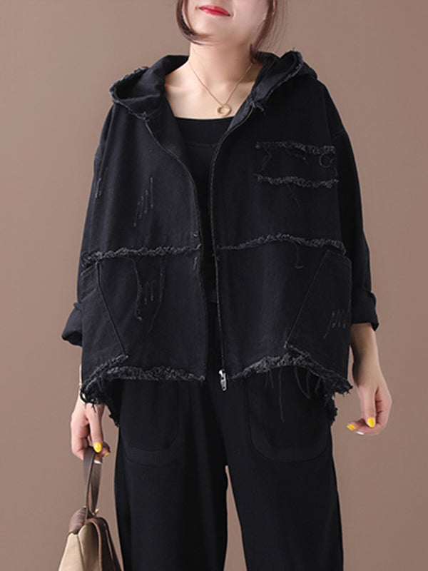 Oversized hooded jacket in washed cotton with frayed seams
