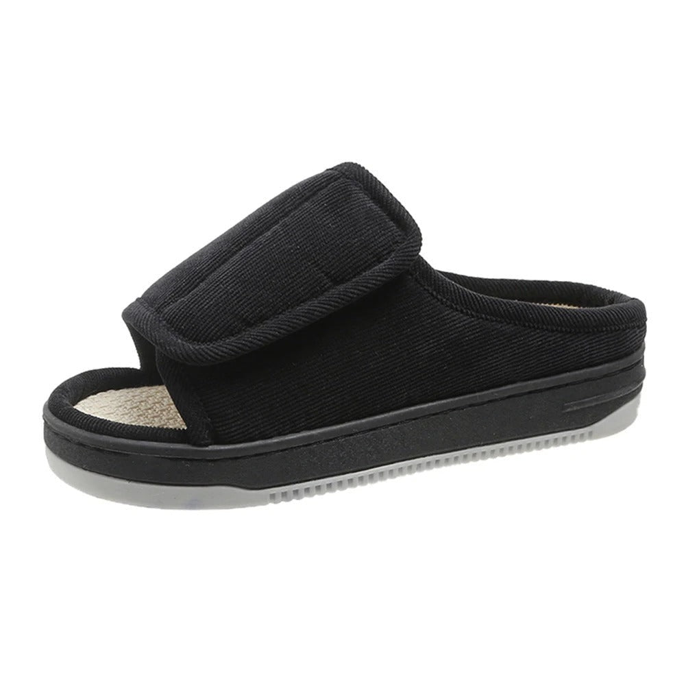 Diabetic slippers in corduroy with touch fastening and an open toe - black
