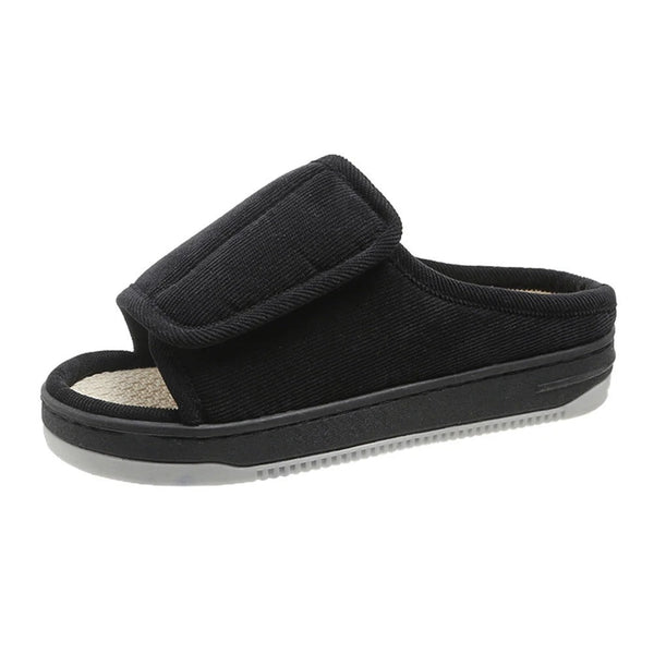 Diabetic slippers in corduroy with touch fastening and an open toe - black