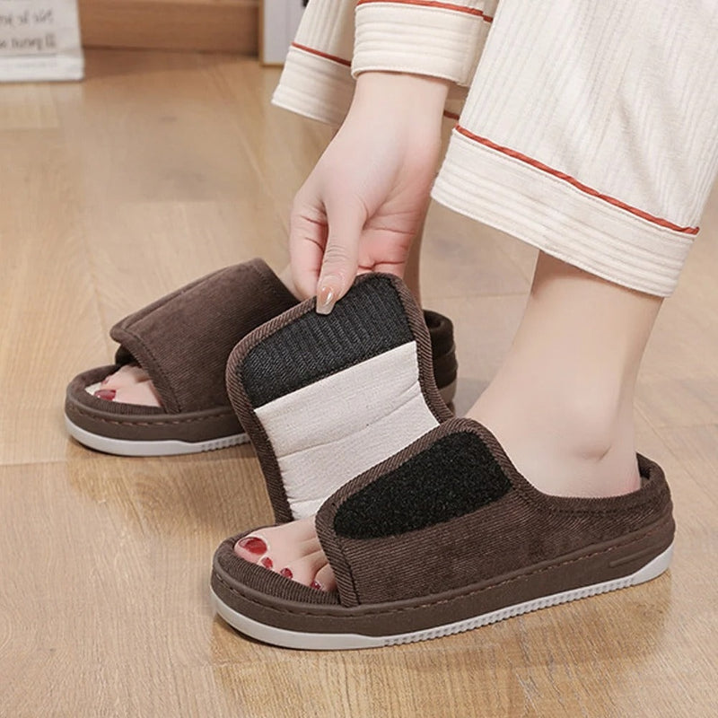 Diabetic slippers in corduroy with touch fastening and an open toe - view 2