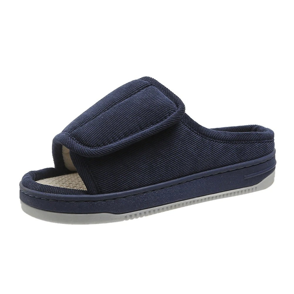 Diabetic slippers in corduroy with touch fastening and an open toe - navy
