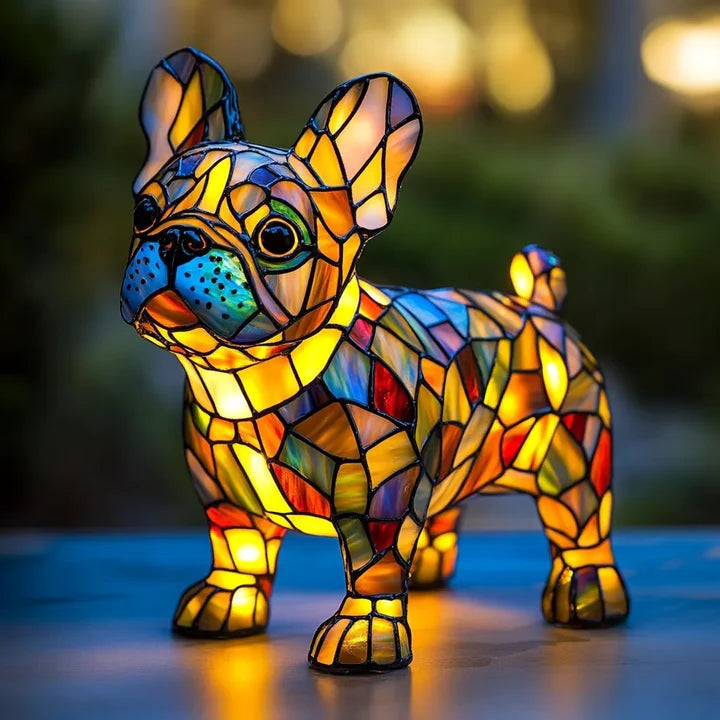 Dog lamp in a stained glass look with coloured panels in orange, yellow, red and blue - french bulldog