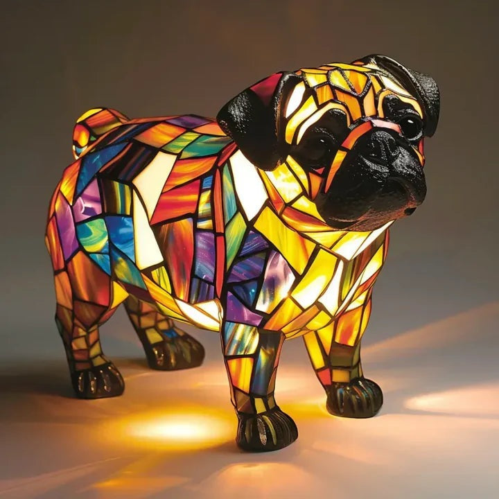 Dog lamp in a stained glass look with coloured panels in orange, yellow, red and blue - pug