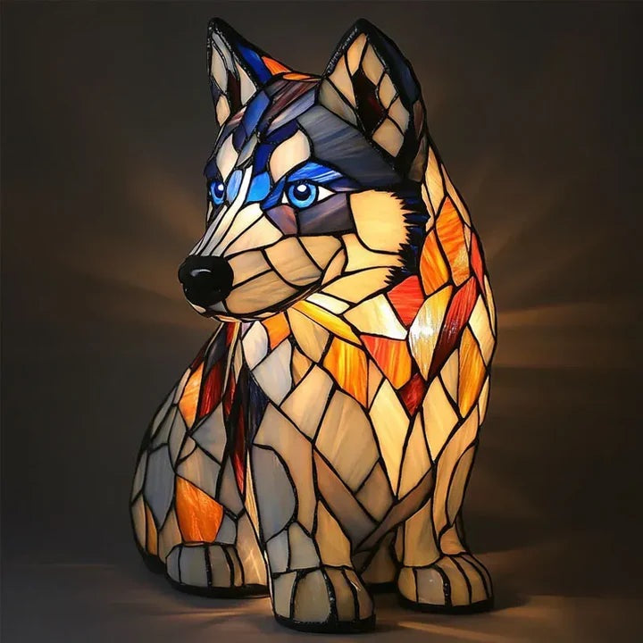 Dog lamp in a stained glass look with coloured panels in orange, yellow, red and blue - husky