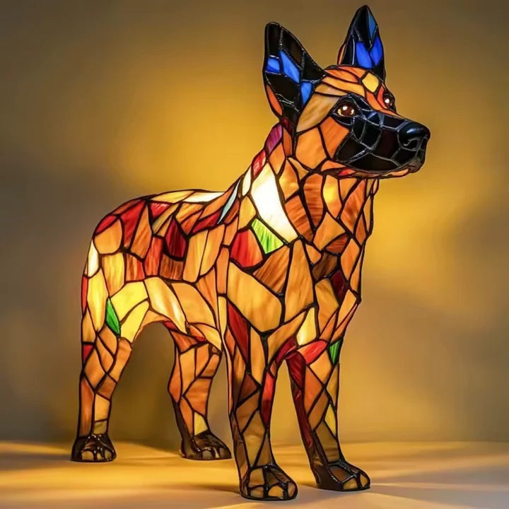 Dog lamp in a stained glass look with coloured panels in orange, yellow, red and blue - german shepherd