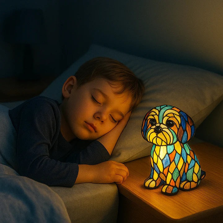 Dog lamp in a stained glass look with coloured panels in orange, yellow, red and blue