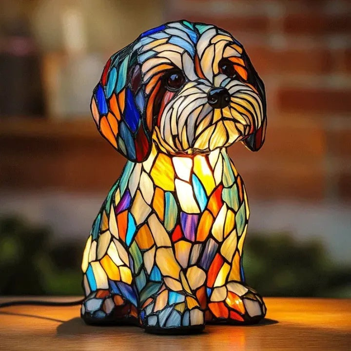 Dog lamp in a stained glass look with coloured panels in orange, yellow, red and blue - maltese