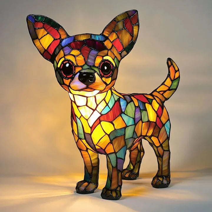 Dog lamp in a stained glass look with coloured panels in orange, yellow, red and blue - chihuahua