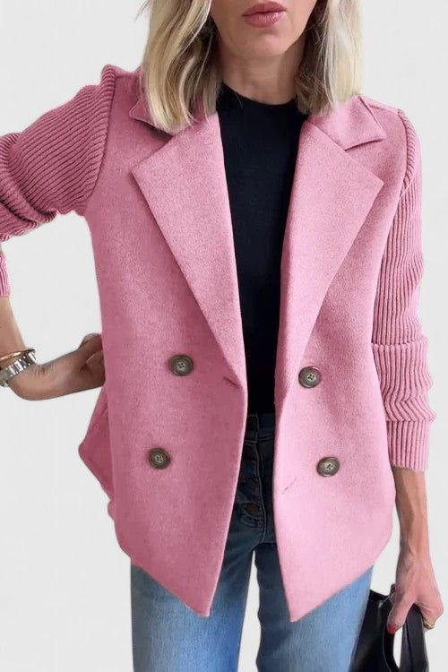 Women's double-breasted blazer with rib knit sleeves - pink