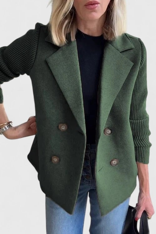 Women's double-breasted blazer with rib knit sleeves - bottle green