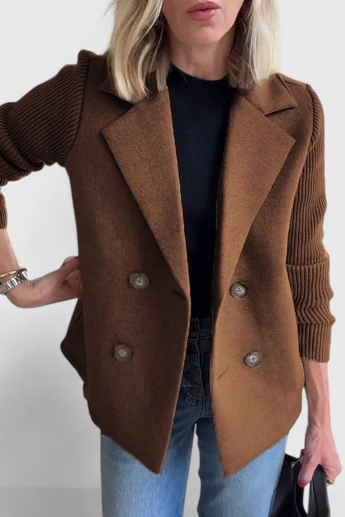 Women's double-breasted blazer with rib knit sleeves - rust brown