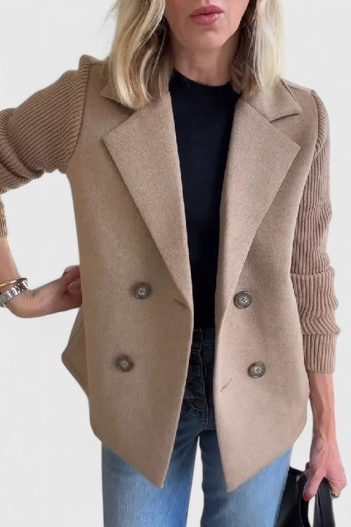 Women's double-breasted blazer with rib knit sleeves - camel