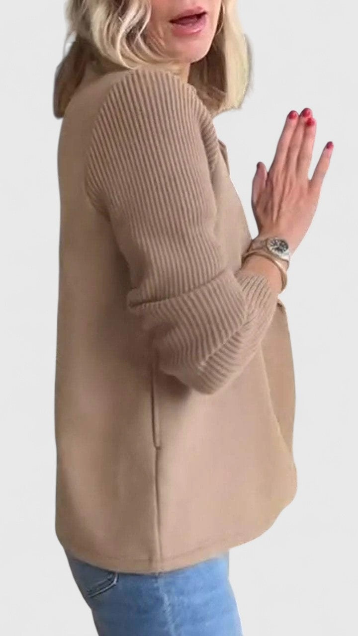 Women's double-breasted blazer with rib knit sleeves - camel