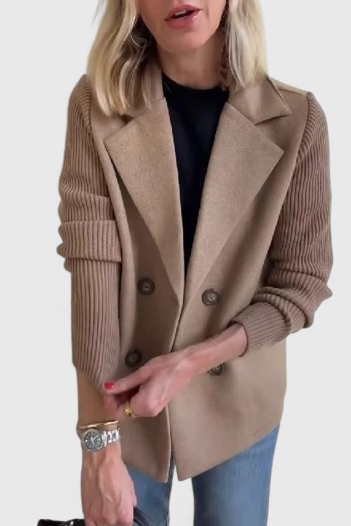 Women's double-breasted blazer with rib knit sleeves - camel