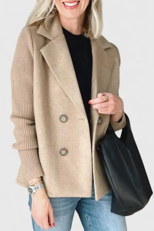 Women's double-breasted blazer with rib knit sleeves - sand