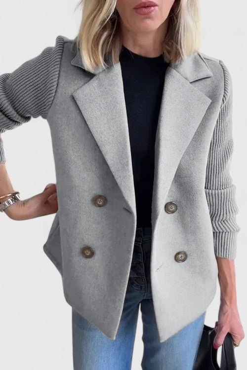 Women's double-breasted blazer with rib knit sleeves - light grey