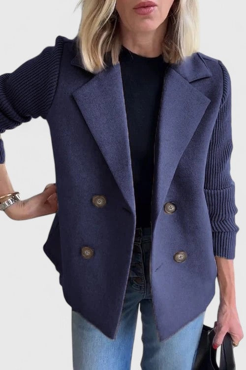 Women's double-breasted blazer with rib knit sleeves - navy