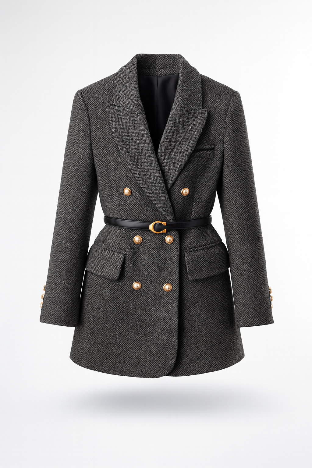 Women's double-breasted herringbone blazer with a belt - dark grey